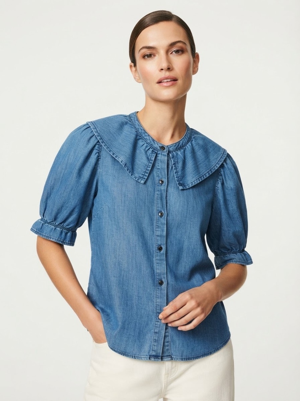 New NWT ba&sh Anna Chambray Ruffle Collar Puff Sleeve Button Down Shirt Size 1